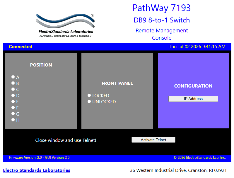 Model 7193 DB9 8 to 1 Switch GUI Main Panel PathWay® Model 7193 DB9 8-to-1 Switch with Telnet and GUI