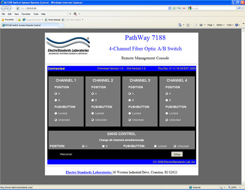 Independently Switch positions for channels 1, 2,3 & 4 QuickSwitch® 7188 GUI Main Screen Capture