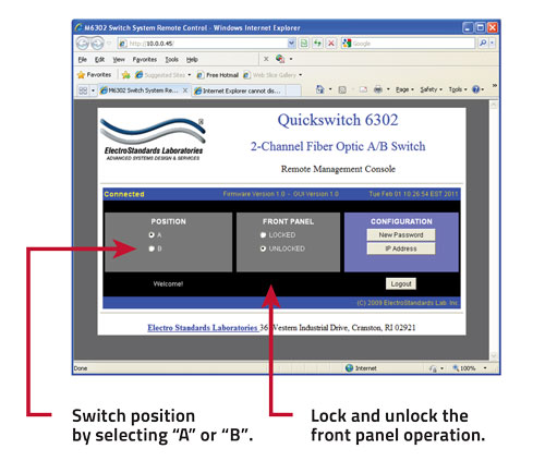 switch position and lock and unlock front panel operations QuickSwitch® 6302 Dual Channel Graphical User Interface,, LC Duplex switch