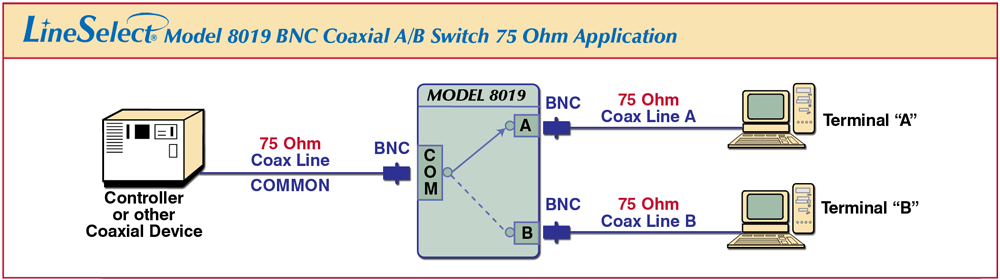 Network Diagram of Model 8019 BNC Coaxial A/B Switch Application for 75 Ohm