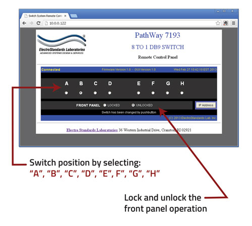 Switch position by selecting A, B, C, D, E, F, G or H positions PathWay Model 7193 Change Switch postiion via the GUI