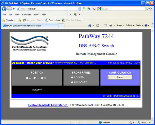 Control the unit via Graphical user interface PathWay Model 7244 DB9 A/B/C Switch GUI Main Panel