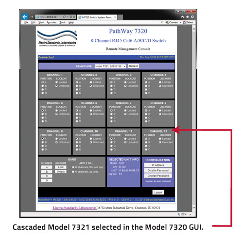 Model 7320 8-Channel RJ45 Cat6 A/B/C/D Switch with Telnet, GUI and Cascade  Operation