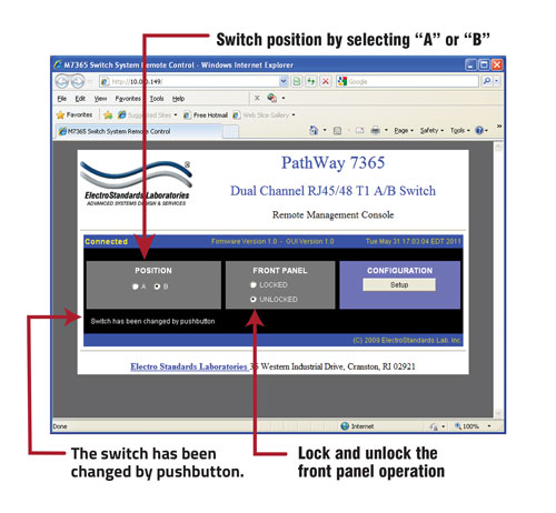 Switch position via the GUI PathWay Model 7365 Software GUI allows the user to switch positions.