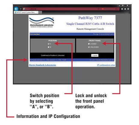 Change Switch position and Lock and Unlock the front panel pushbutton PathWay Model 7377 HTTPS Remote GUI