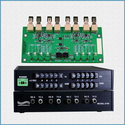 Model 6765 Board Only Model 6765 board only and Model 6765 desktop unit Four Channel TTL Logic-to-ST Fiber Optic Converter
