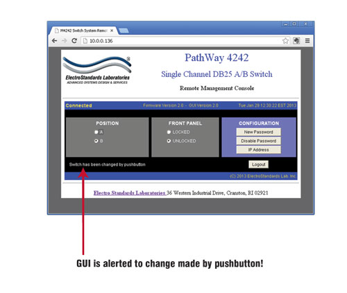 PathWay® Model 4242 DB25 A/B Switch GUI shows pushbutton changed by front panel pushbutton PathWay® Model 4242 DB25 A/B Switch