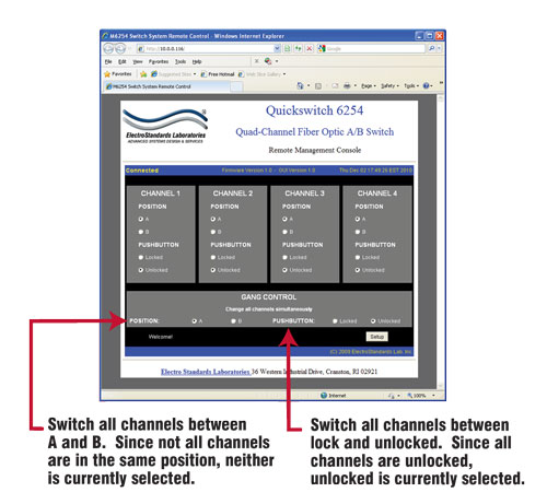 uickSwitch 6254 Quad Channel GUI control switching all channels or via Gang control QuickSwitch 6254 Quad Channel GUI control via Gang commands