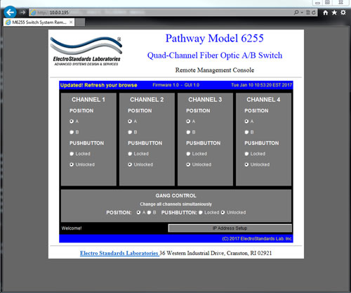 Main GUI / Model 6255 QuickSwitch® 6255 Quad Channel LC Duplex A/B Switch with Telnet & GUI app drawing