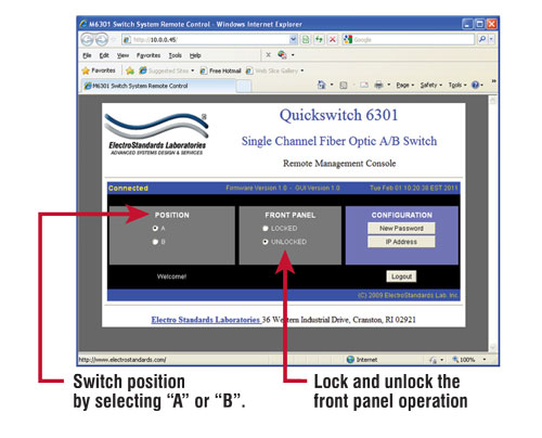Switch position of lock and unlock front panel operations via the GUI QuickSwitch® 6301 LC Duplex A/B Switch with Telnet and GUI