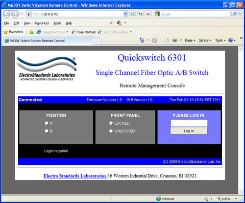 Model 6301 GUI Login Screen QuickSwitch® 6301 LC Duplex A/B Switch with Telnet and GUI
