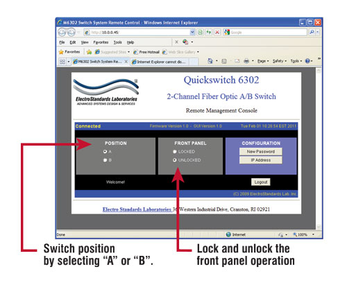 switch position and lock and unlock front panel operations QuickSwitch® 6302 Dual Channel Graphical User Interface