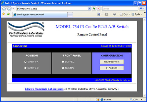 PathWay® Model 7341R Cat5e RJ45 A/B Switch Main GUI