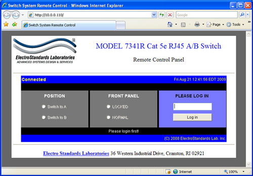 PathWay® Model 7341R Cat5e RJ45 A/B Switch Main GUI