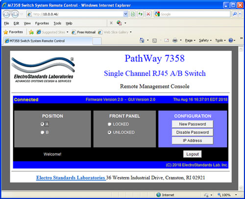 PathWay®Model 7358 Main GUI in a Standard Web Browser PathWay®Model 7358 RJ45/48 T1 A/B Main GUI