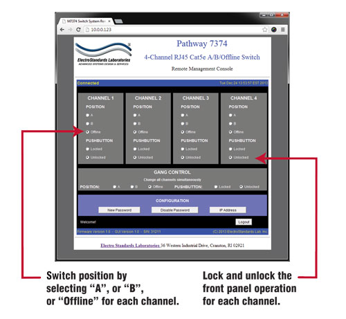 Model 7374 Graphical User Interface Change pushbutton, lock and unlock front panel operations PathWay® Model 7374 GUI