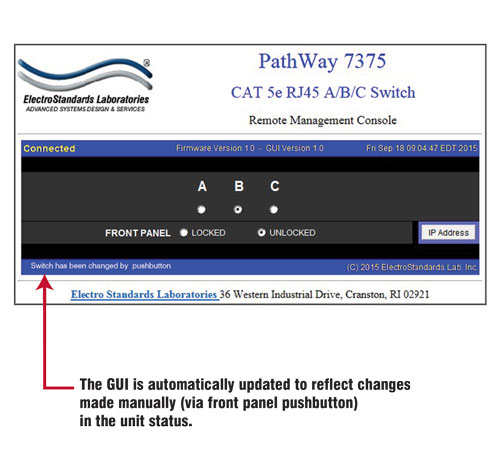 PathWay® Model 7375 A/B/C GUI capture showing switch position changed via front panel pushbuttton PathWay® Model 7375 A/B/C GUI capture
