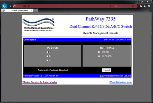 Cat6a A/B/C Switch PathWay Model 7395 GUI Shown is a standard browser