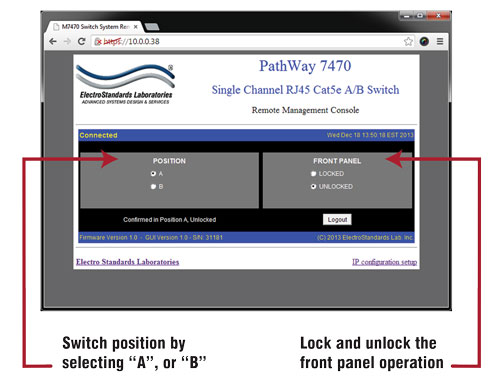 PathWay Model 7470 GUI panel to control switch position, remotely