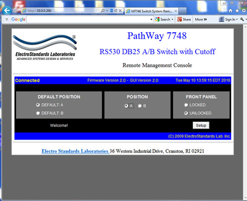PathWay® Model 7748 A/B Switch w/cutoff Position application drawing with Telnet and GUI PathWay® Model 7748 A/B Switch w/cutoff Position