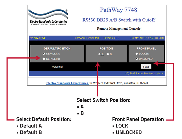 PathWay Model 7748 GUI, Select a Position A or B PathWay Model 7748 RS530 DB25 A/B Switch with Cutoff Position, telnet and GUI Application