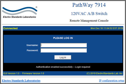 PathWay Model 7910 log in Screen capture PathWay Model 7914 120 VAC A/B Switch GUI Log in
