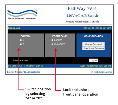 PathWay Model 7914 120 VAC A/B Switch GUI Screen Capture PathWay Model 7914 120 VAC A/B Switch GUI