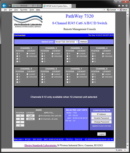 PathWay Model 7320 can cascade Model 7321 . PathWay Model 7320 A/B/C/D Switch applcation with Telnet, GUI and Cascade Operation