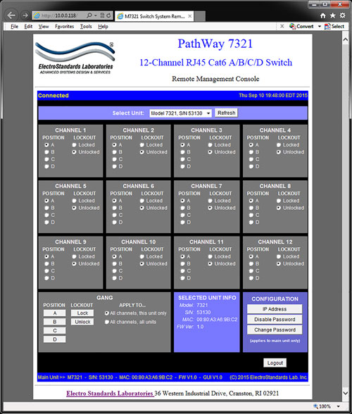 Model 7321 logged in as Model 7321 showing all 12 channels PathWay Model 7321 A/B/C/D Switch GUI Screen capture