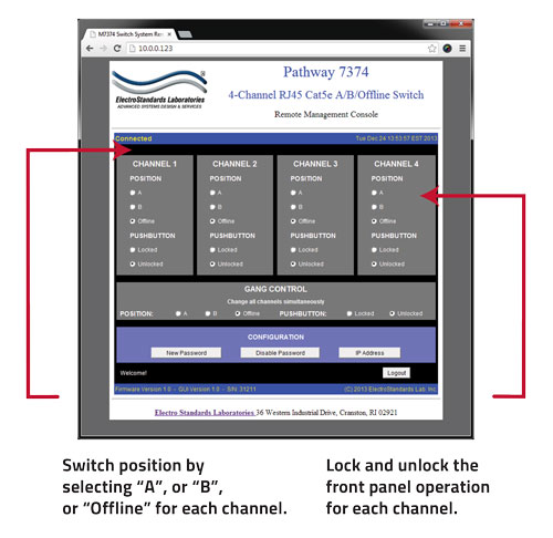 PathWay model 7374 GUI switch position and lock and unlock front panel operation PathWay Model 7374 Switch Position screen capture