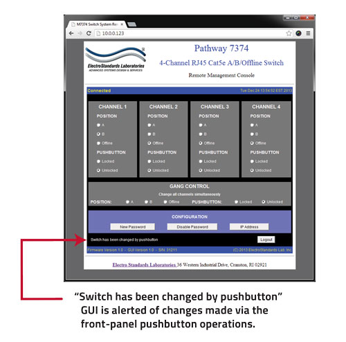 GUI is alerted of changes made via the front-panel pushbutton PathWay Model 7374 switch has been changed by pushbutton