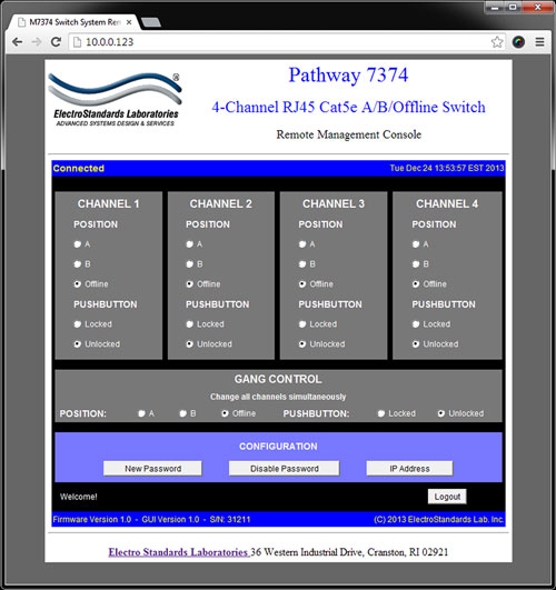 PathWay® Model 7374 GUI In the web browser PathWay® Model 7374 Main GUI Panel