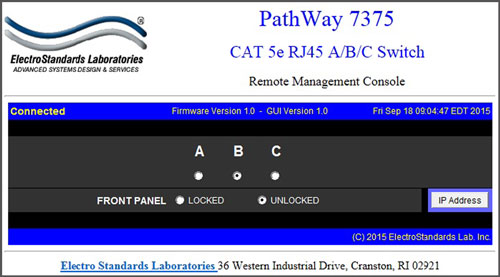 PathWay Model 7375 Cat5e A/B/C Switch w/Dual Remote and GUI Software Main Panel PathWay Model 7375 Cat5e A/B/C Switch w/Dual Remote Telnet GUI Software