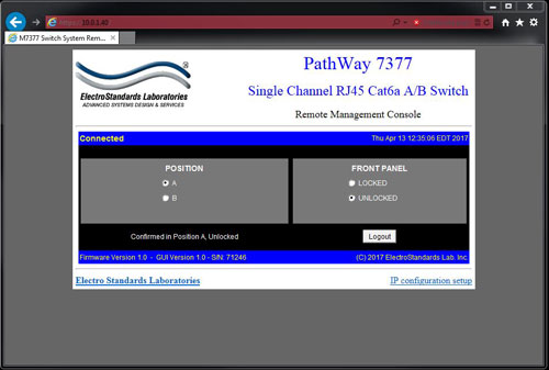Model 7377 Main GUI Panel PathWay Model 7377 Single Channel RJ45 Cat6a A/B Switch Main GUI Panel