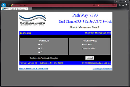 PathWay Model 7393 RJ45 Cat5e A/B/C Switch Main GUI in a browser PathWay Model 7393 Dual Channel RJ45 Cat5e A/B/C Switch Main GUI