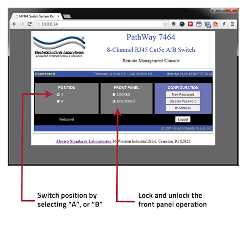 PathWay Model 7464 GUI To lock and unlock the front panel operations. PathWay Model 7464 GUI Control for Switch Position