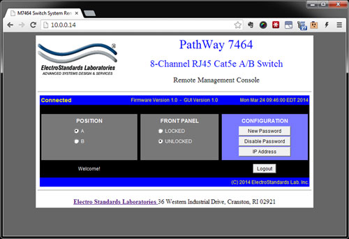 Once logged into the GUI, a user can control the switch remotely PathWay Model 7464 Welcome Screen