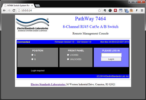 8-Channel RJ45 Cat5e A/B switch can be controlled from the GUI Software PathWay Model 7464 Main Login to the GUI