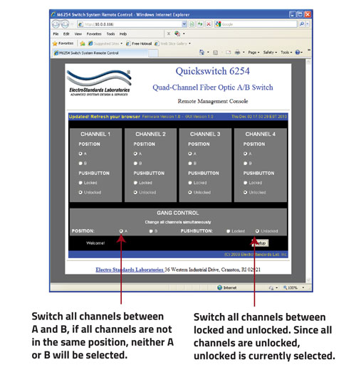 QuickSwitch 6254 Quad Channel GUI control switching all channels simultaneously via Gang Commands QuickSwitch 6254 Quad Channel GUI control via gang commands