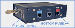 Model 9080 bottom panel view showing the Cat5e RJ45 ports and the front panel keylock.