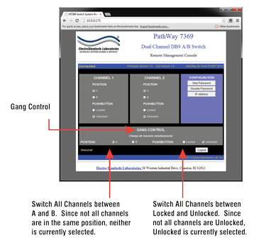 Gang Controls are used via GUI to change position or state of all channels simultaneously on the Model 7369