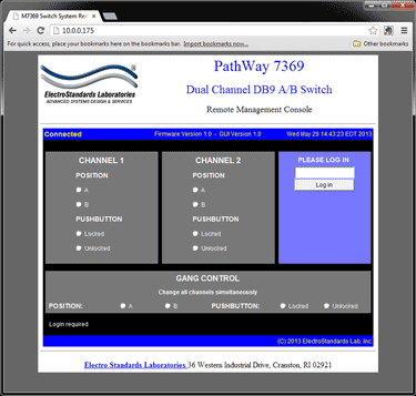 Logging into GUI for Model 7369 2-Channel DB9 A/B Switch