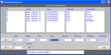Model 7349 schedule management panel allows a user to set a date and time for an action to occur on the switch.