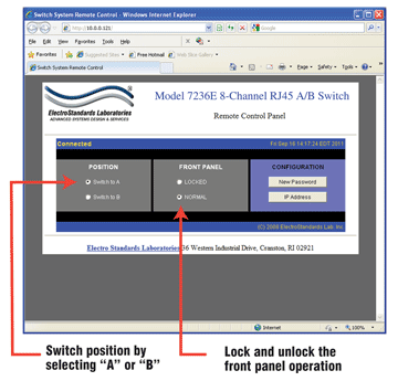 Model 7236E main panel of the GUI allows the user to change position and lockout front panel operations.