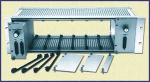 Model 9025 rack chassis shown here with other modules and filler panels.