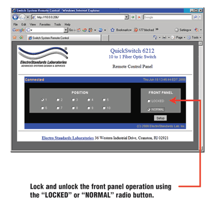 GUI Screens for changing lock status on 6212 ST Duplex 10-Position Fiber Optic Switch