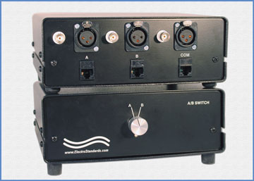 Model 8039 Multi-peripheral A/B Switch with Cat5 RJ45, XLR 3-Pin and BNC interface connectors.