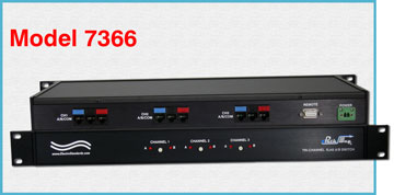Model 7366 Tri-Channel RJ45 Cat5e A/B Switch with RS232 Remote Control.