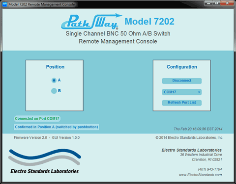 GUI software for Model 7202, 7302 or 7402 BNC A/B Switches, Catalog No. 527910