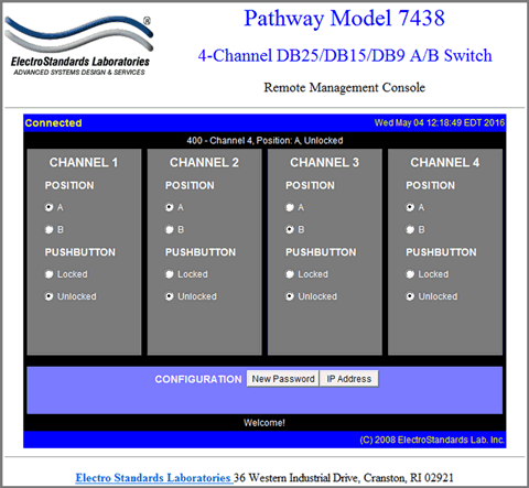 PathWay® Model 7438 Main Panel of the GUI; it will view in a standard web browser.